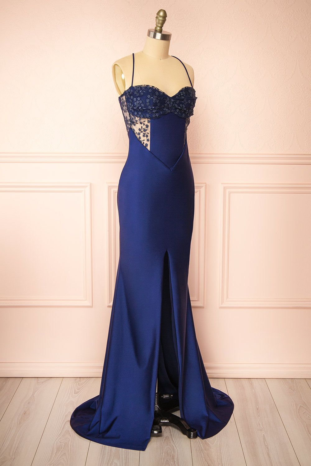 Elaria Navy | Embroidered Fitted Dress with Slit by Arti Gogna