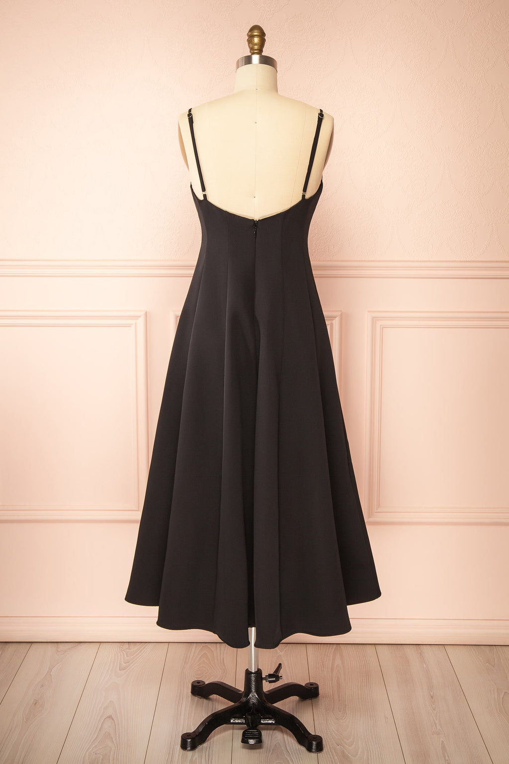 Elektra Black | V-Neck A-Line Midi Dress with Ajustable Strap