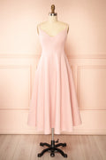 Elektra Pink | V-Neck A-Line Midi Dress with Ajustable Strap