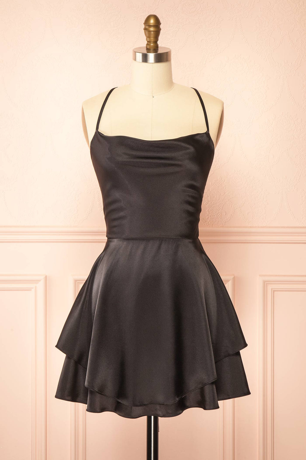 Ellya Black | Satin Short Dress with Lace-Up Back