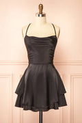 Ellya Black | Satin Short Dress with Lace-Up Back