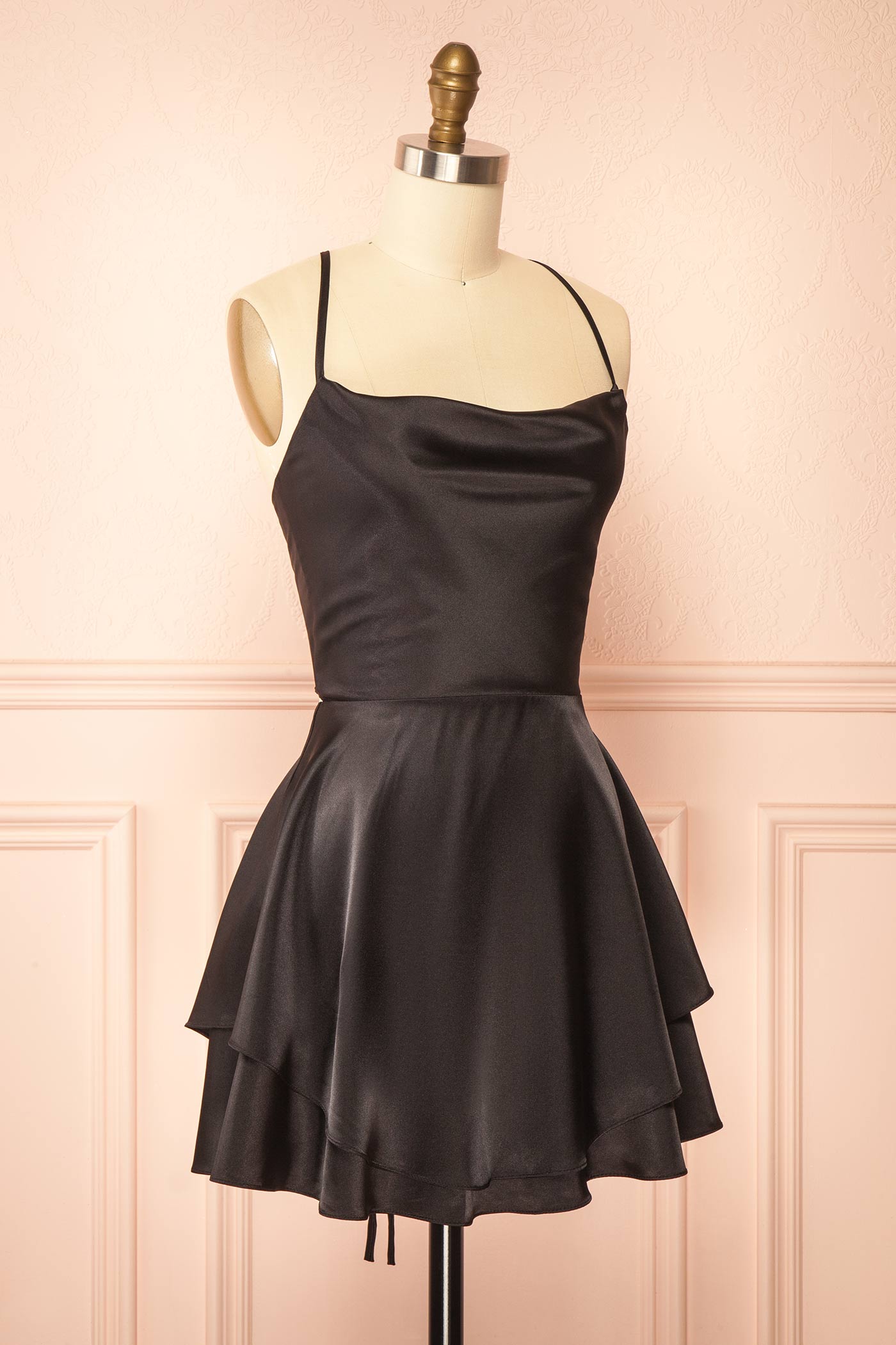 Ellya Black | Satin Short Dress with Lace-Up Back