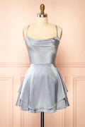 Ellya Blue | Satin Short Dress with Lace-Up Back