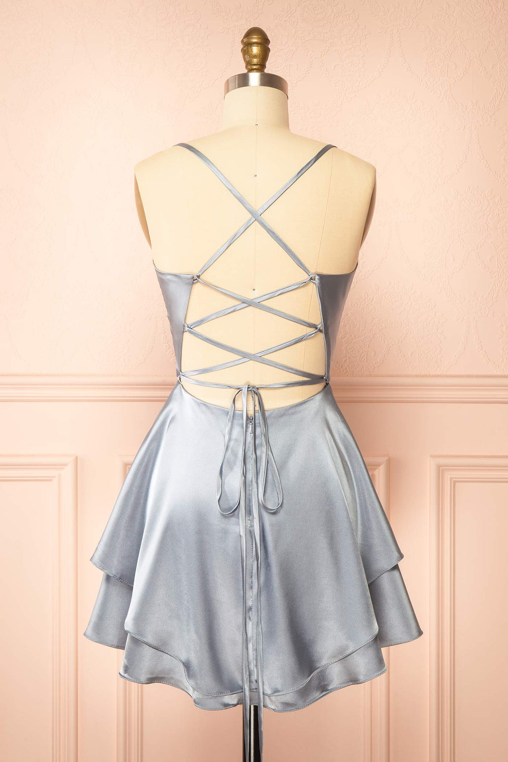 Ellya Blue | Satin Short Dress with Lace-Up Back