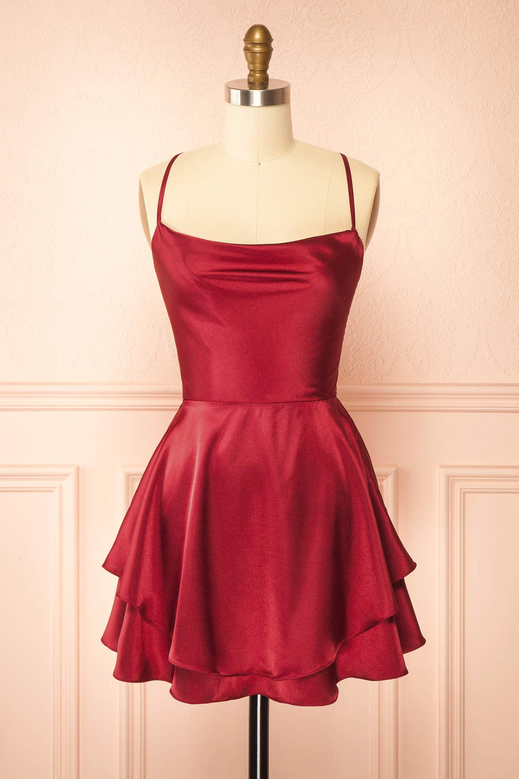 Ellya Burgundy | Satin Short Dress with Lace-Up Back