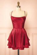 Ellya Burgundy | Satin Short Dress with Lace-Up Back