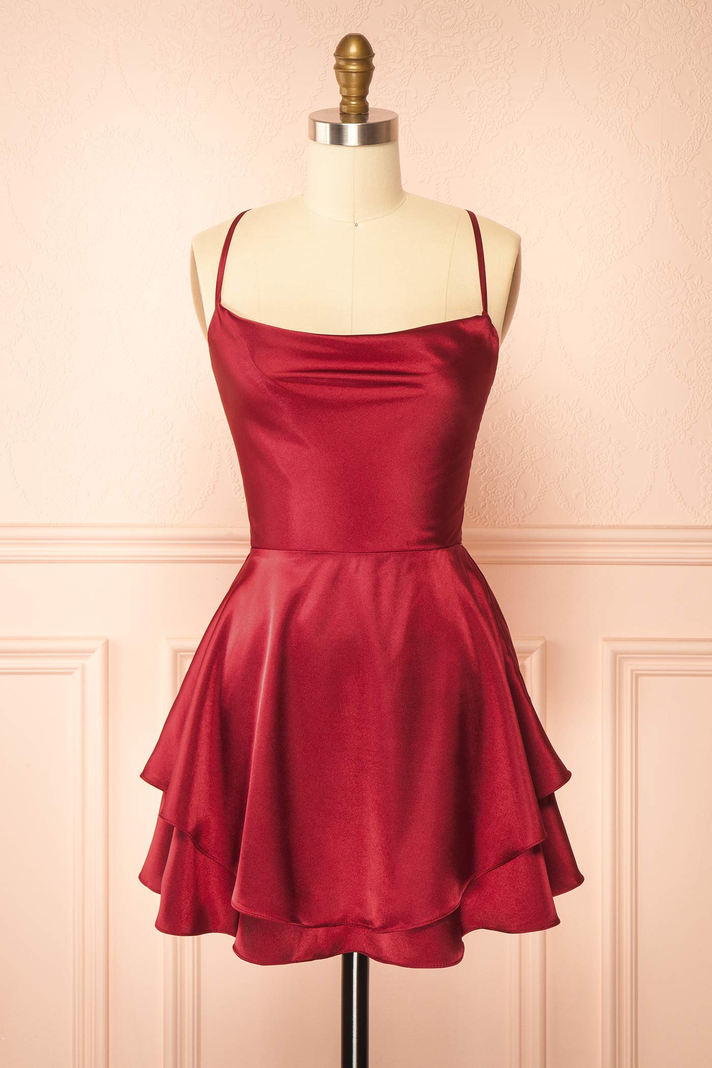 Ellya Burgundy | Satin Short Dress with Lace-Up Back