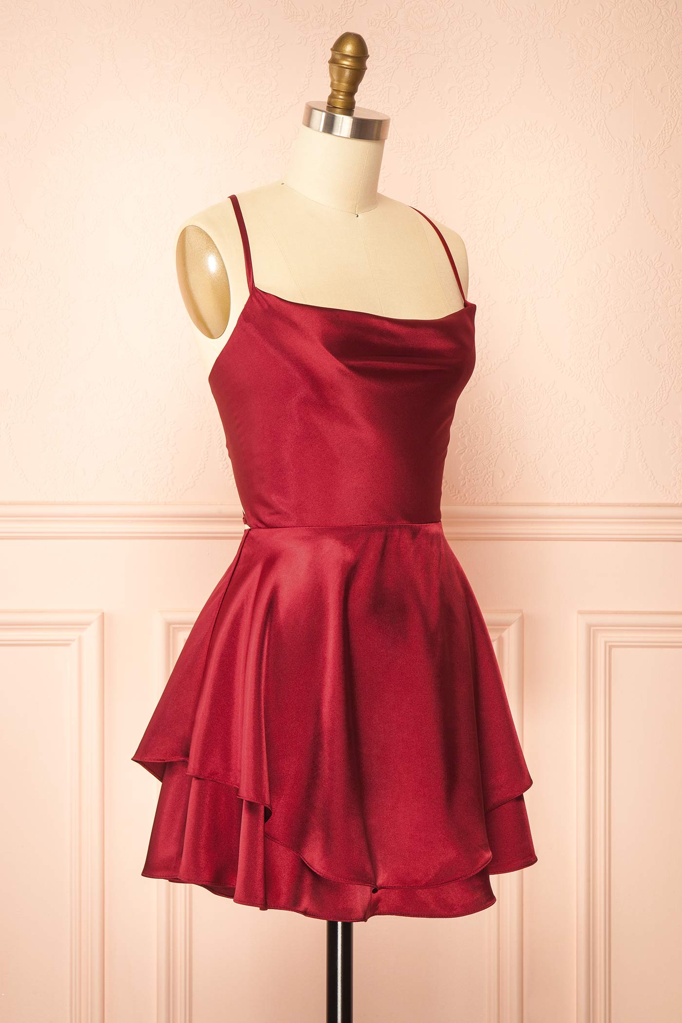 Ellya Burgundy | Satin Short Dress with Lace-Up Back