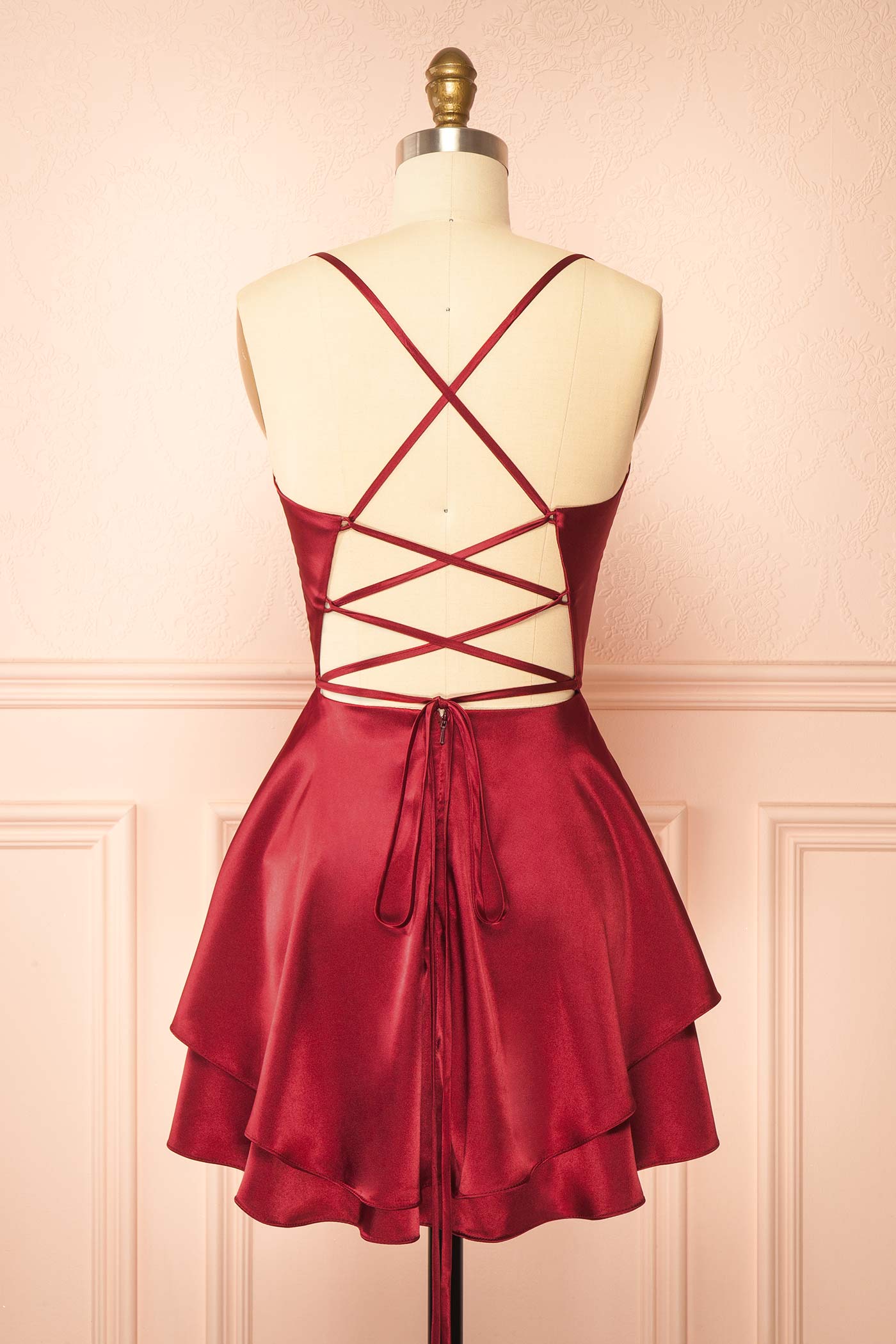 Ellya Burgundy | Satin Short Dress with Lace-Up Back