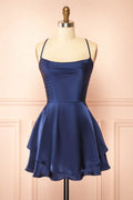 Ellya Navy | Satin Short Dress with Lace-Up Back