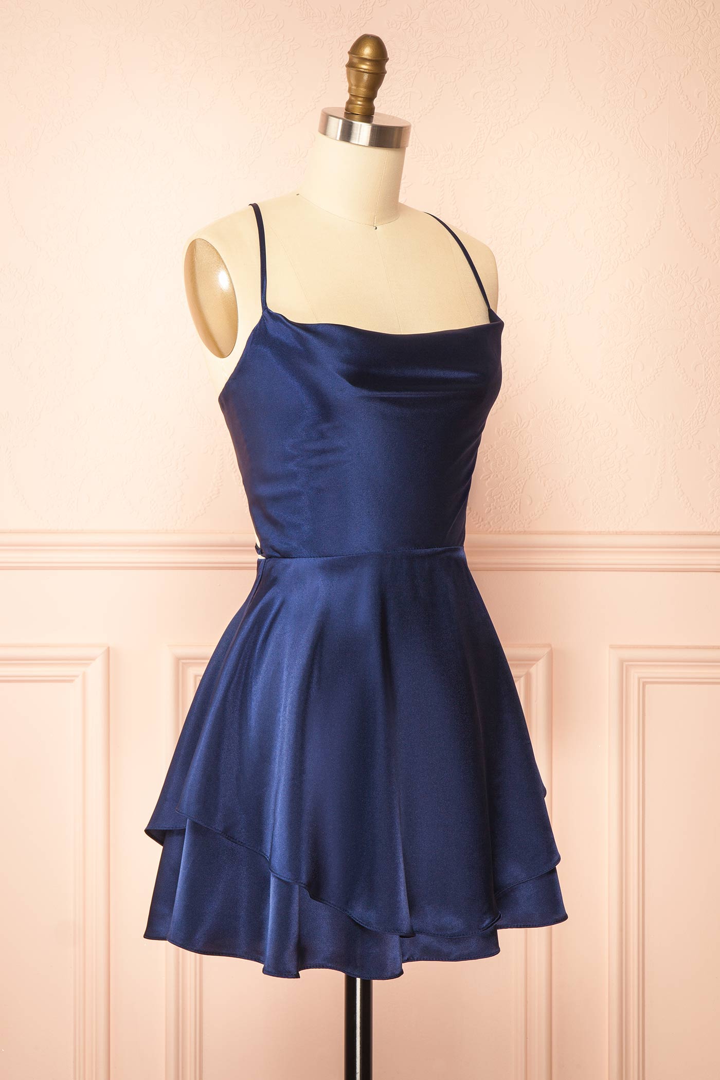 Ellya Navy | Satin Short Dress with Lace-Up Back