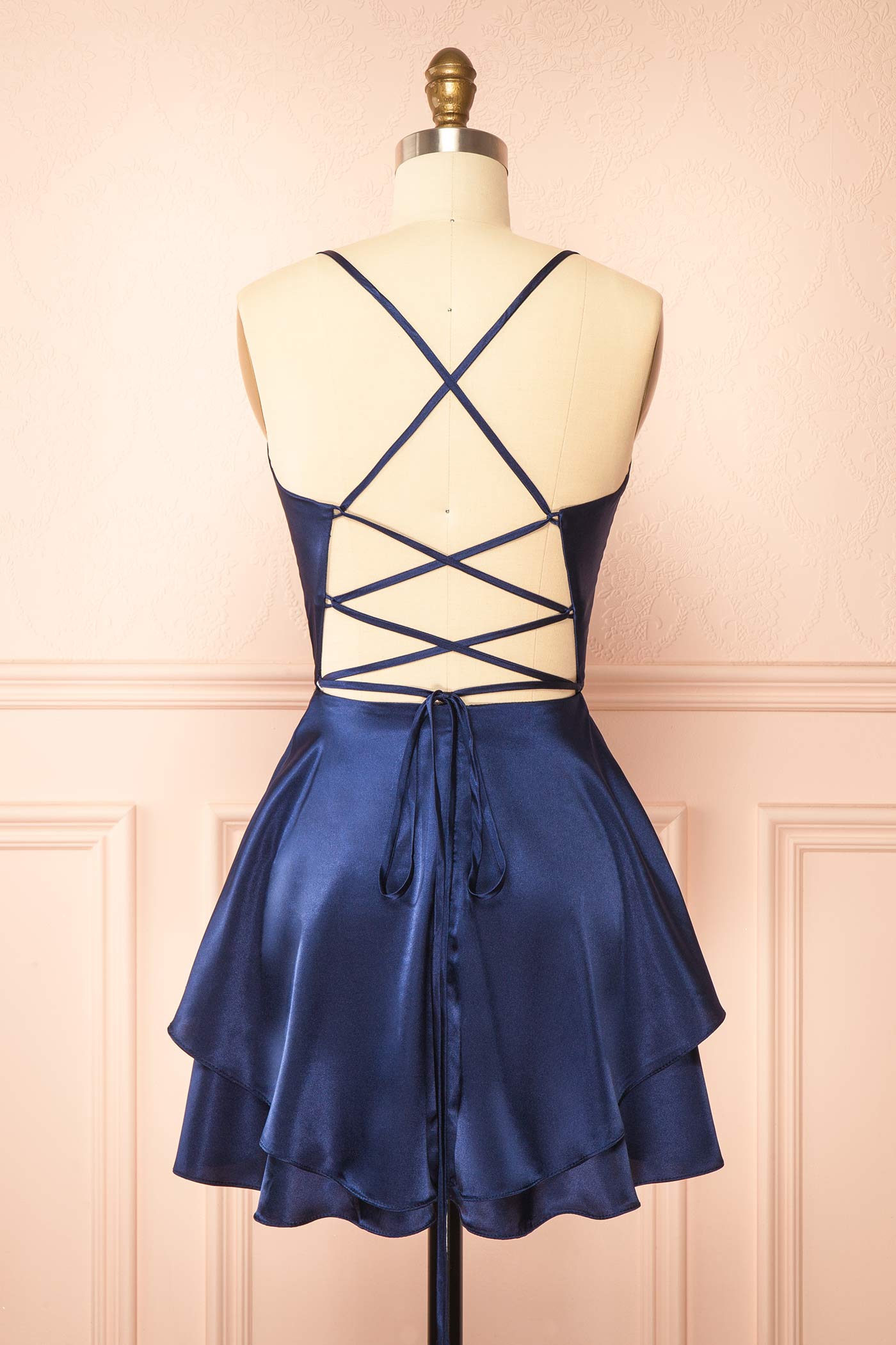 Ellya Navy | Satin Short Dress with Lace-Up Back