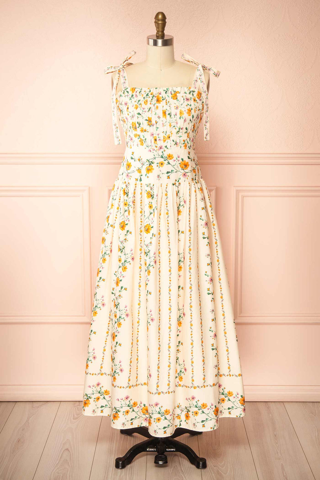 Emberlyn | Beige Floral Tie-Strap Smocked Midi Dress with Pleated Skirt