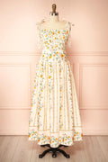 Emberlyn | Beige Floral Tie-Strap Smocked Midi Dress with Pleated Skirt