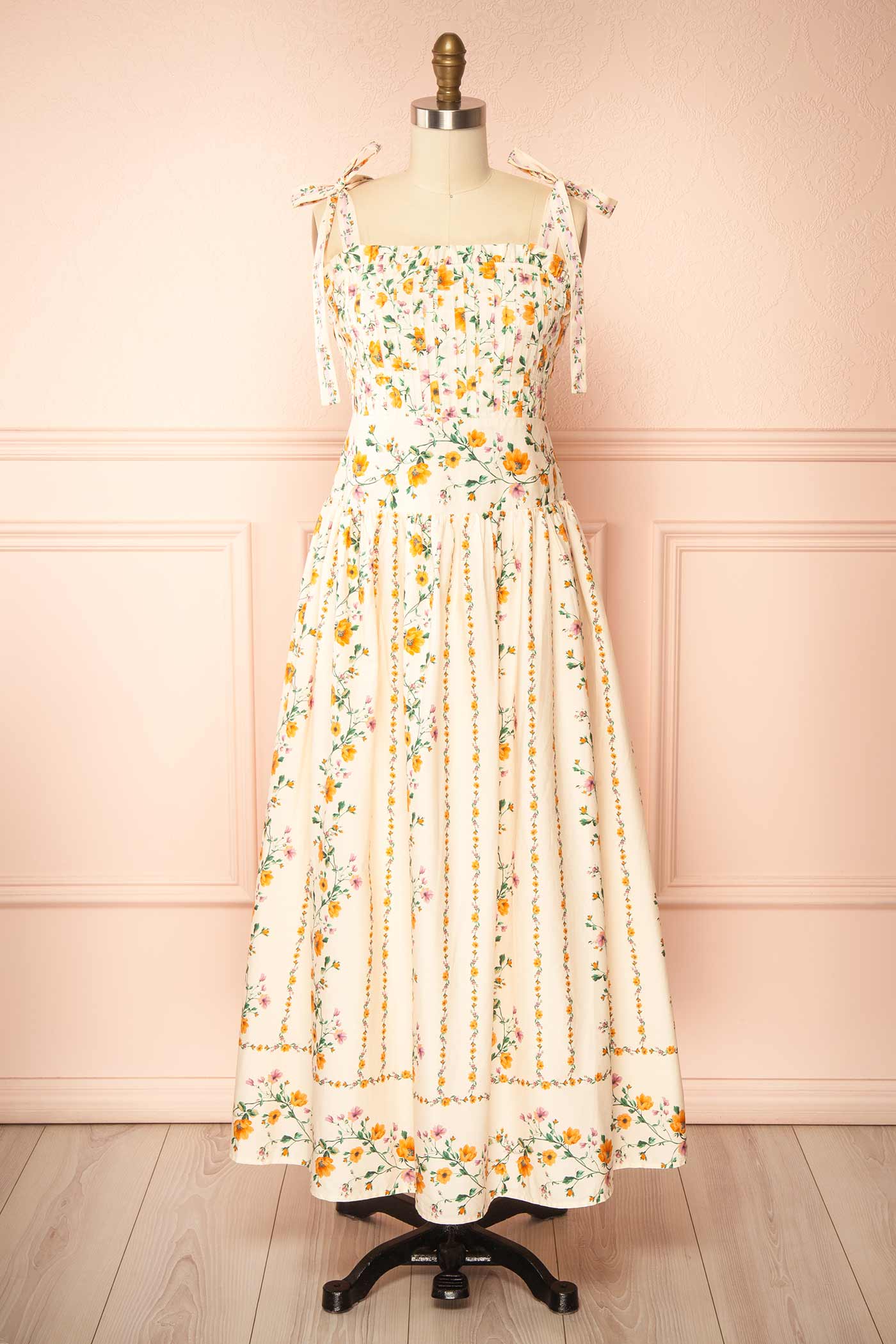 Emberlyn | Beige Floral Tie-Strap Smocked Midi Dress with Pleated Skirt