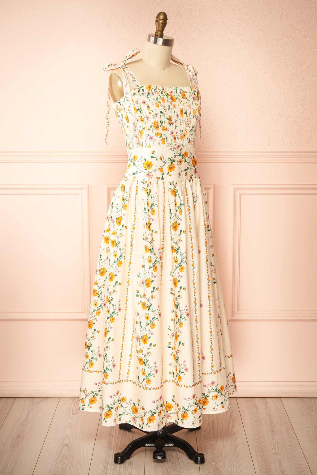 Emberlyn | Beige Floral Tie-Strap Smocked Midi Dress with Pleated Skirt