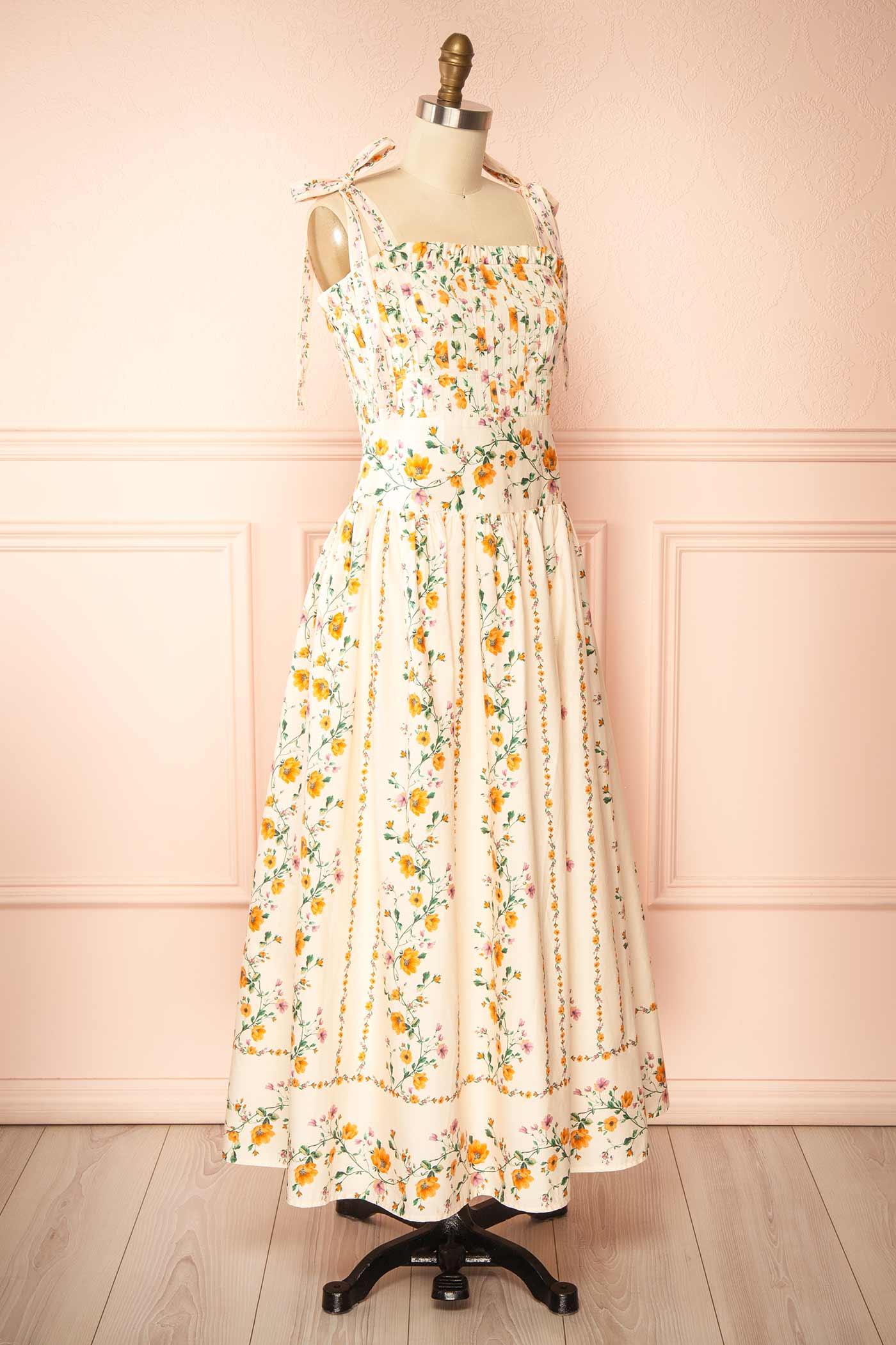 Emberlyn | Beige Floral Tie-Strap Smocked Midi Dress with Pleated Skirt