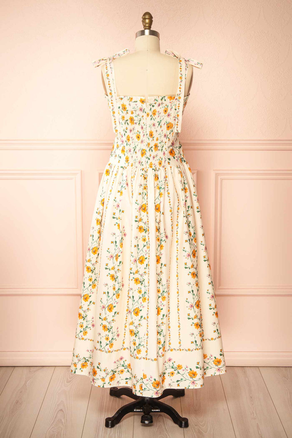 Emberlyn | Beige Floral Tie-Strap Smocked Midi Dress with Pleated Skirt