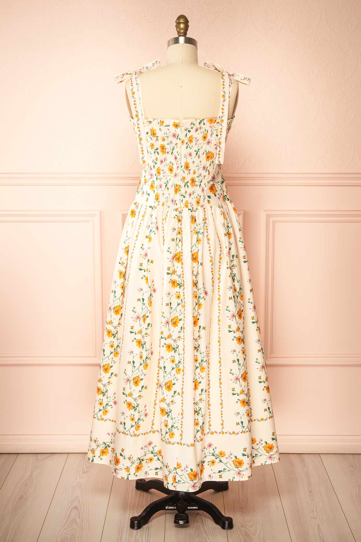 Emberlyn | Beige Floral Tie-Strap Smocked Midi Dress with Pleated Skirt