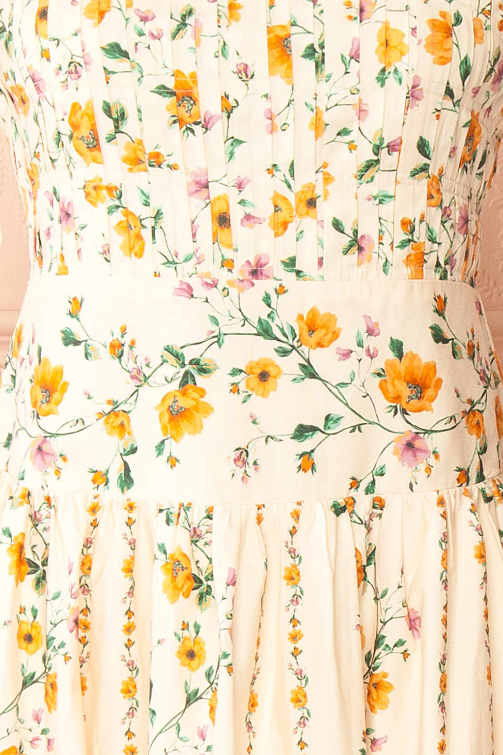 Emberlyn | Beige Floral Tie-Strap Smocked Midi Dress with Pleated Skirt