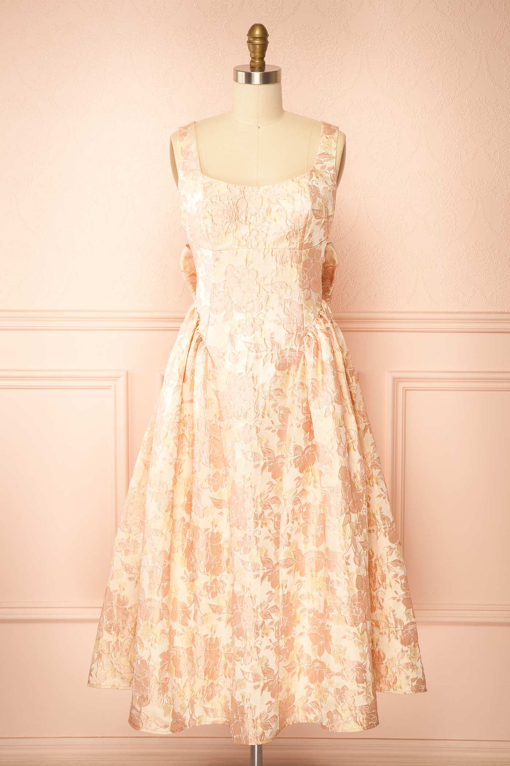 Emela Pink | Midi Floral Dress with Bow at Back
