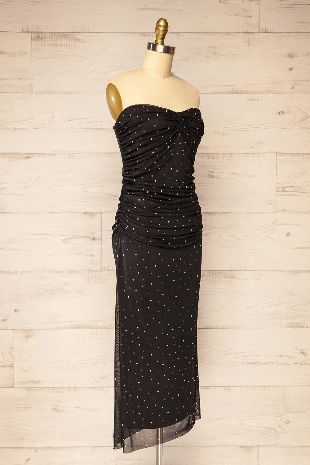 Ensenada | Black Fitted Ruched Midi Dress w/ Crystals