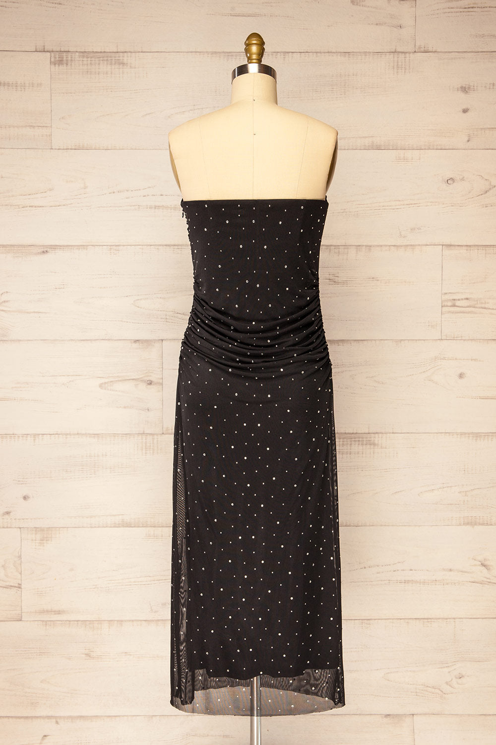 Ensenada | Black Fitted Ruched Midi Dress w/ Crystals