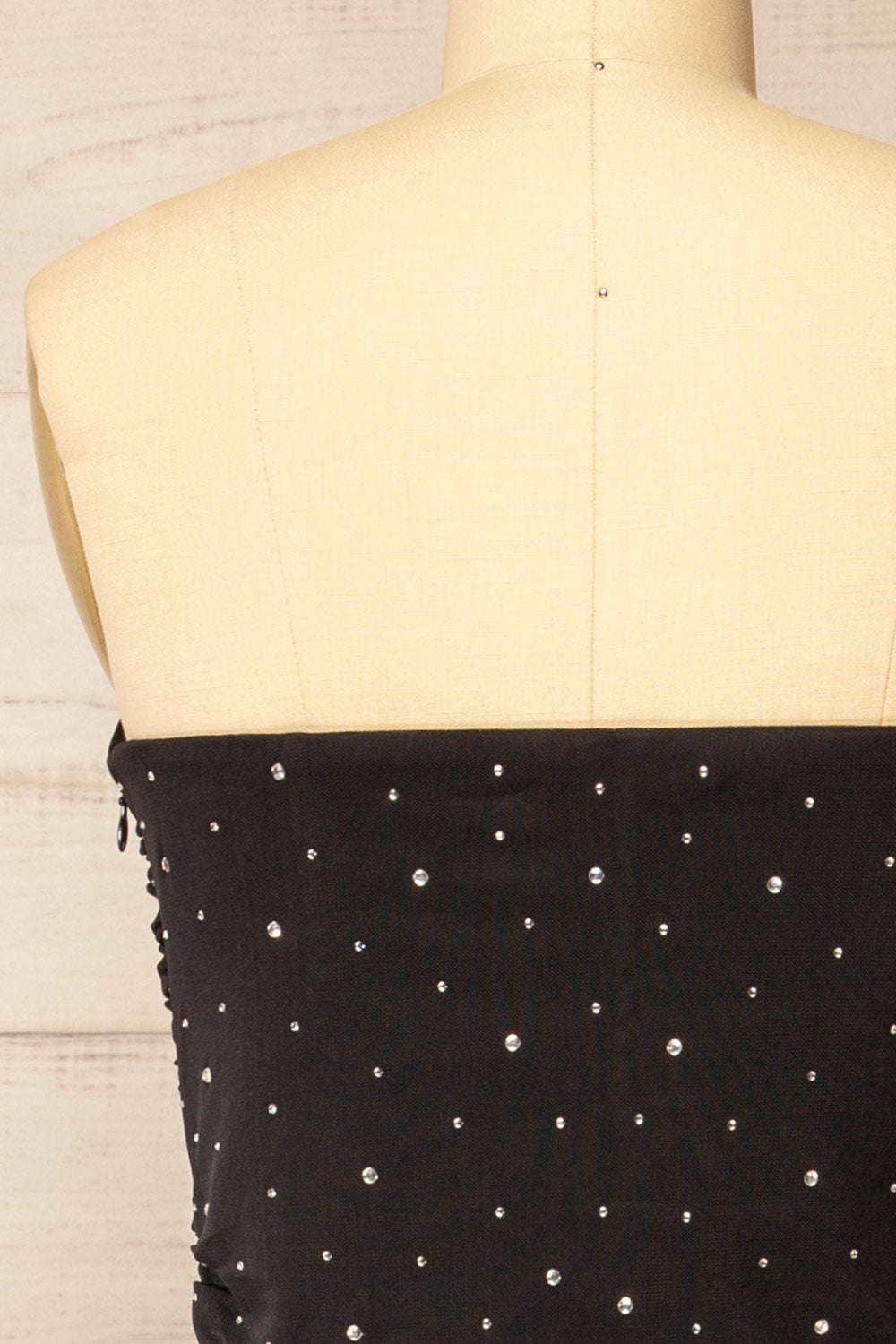 Ensenada | Black Fitted Ruched Midi Dress w/ Crystals