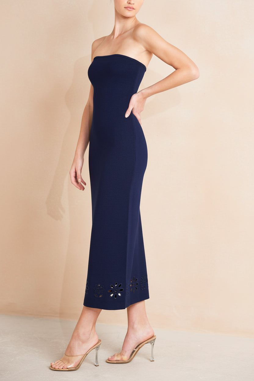 Fable Navy | Strapless Fitted Knit Midi Dress with Floral Eyelets