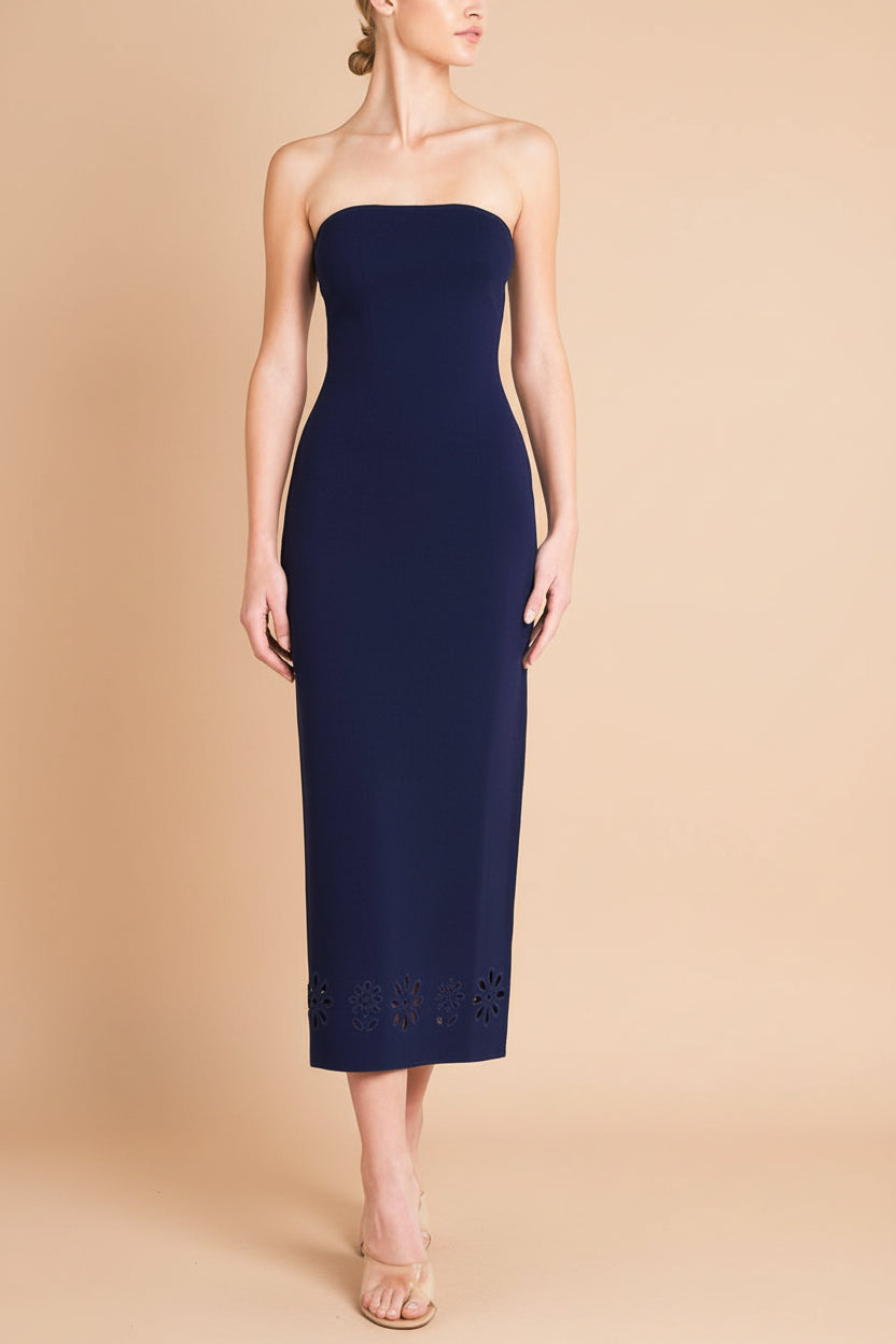 Fable Navy | Strapless Fitted Knit Midi Dress with Floral Eyelets