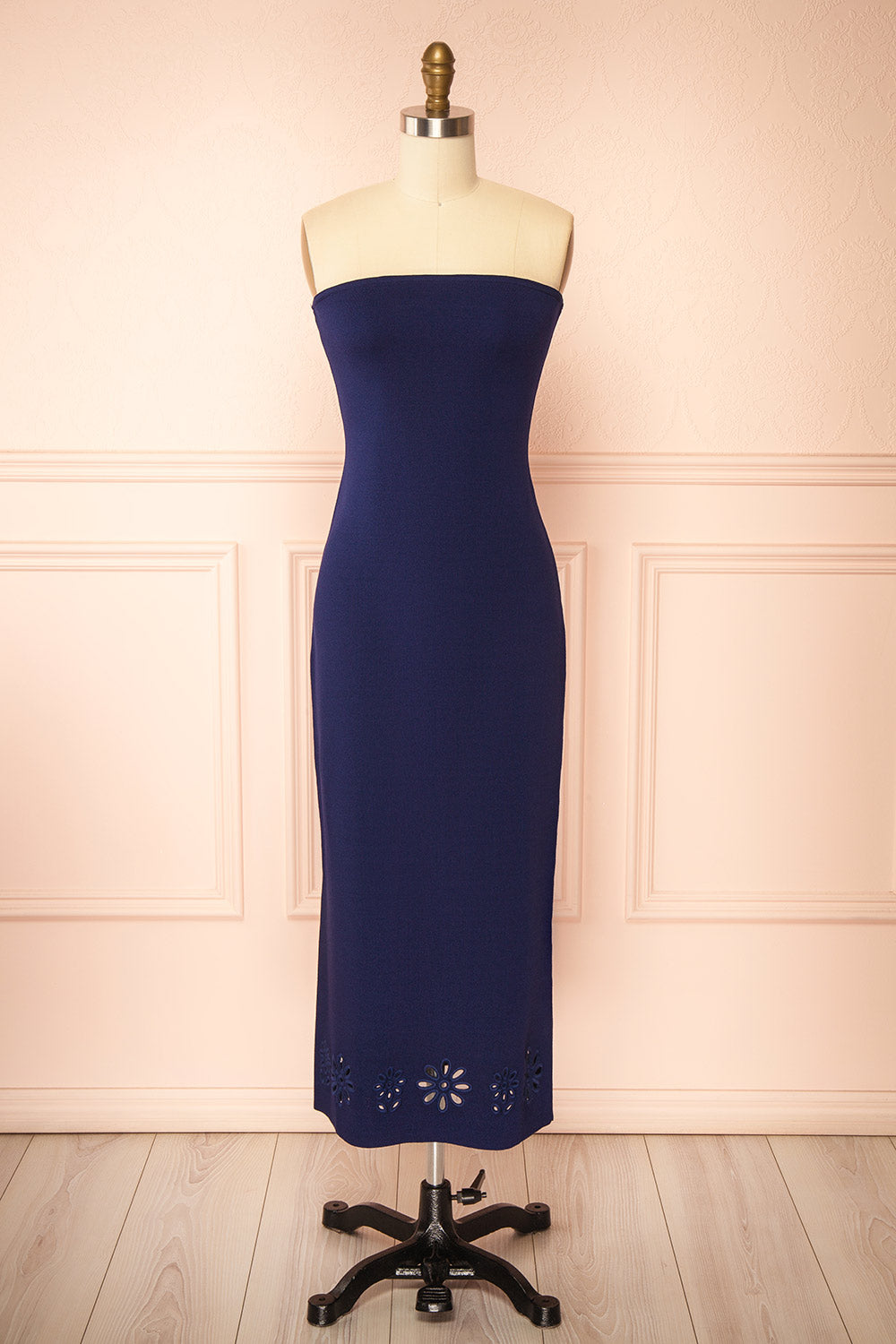 Fable Navy | Strapless Fitted Knit Midi Dress with Floral Eyelets
