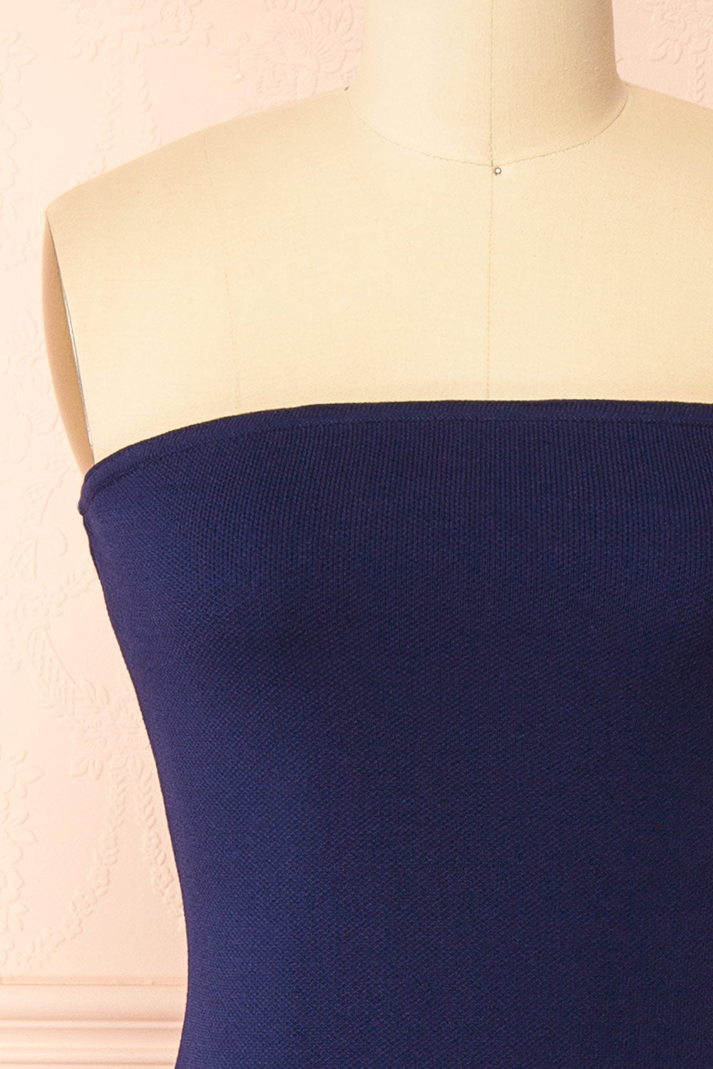 Fable Navy | Strapless Fitted Knit Midi Dress with Floral Eyelets