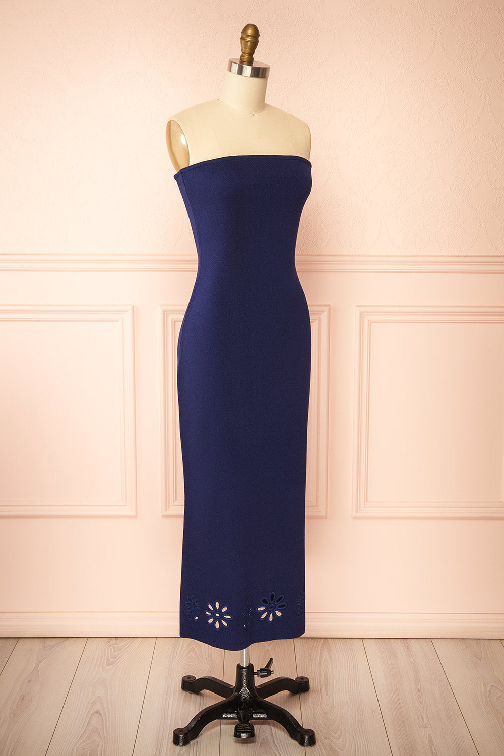 Fable Navy | Strapless Fitted Knit Midi Dress with Floral Eyelets