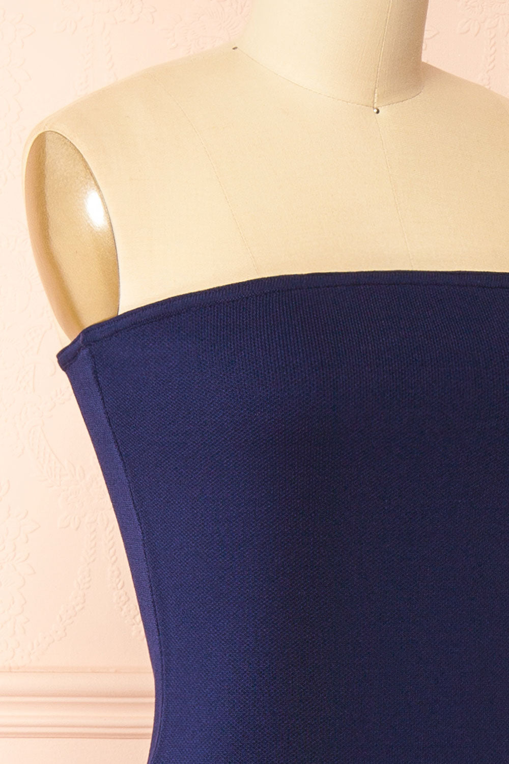 Fable Navy | Strapless Fitted Knit Midi Dress with Floral Eyelets