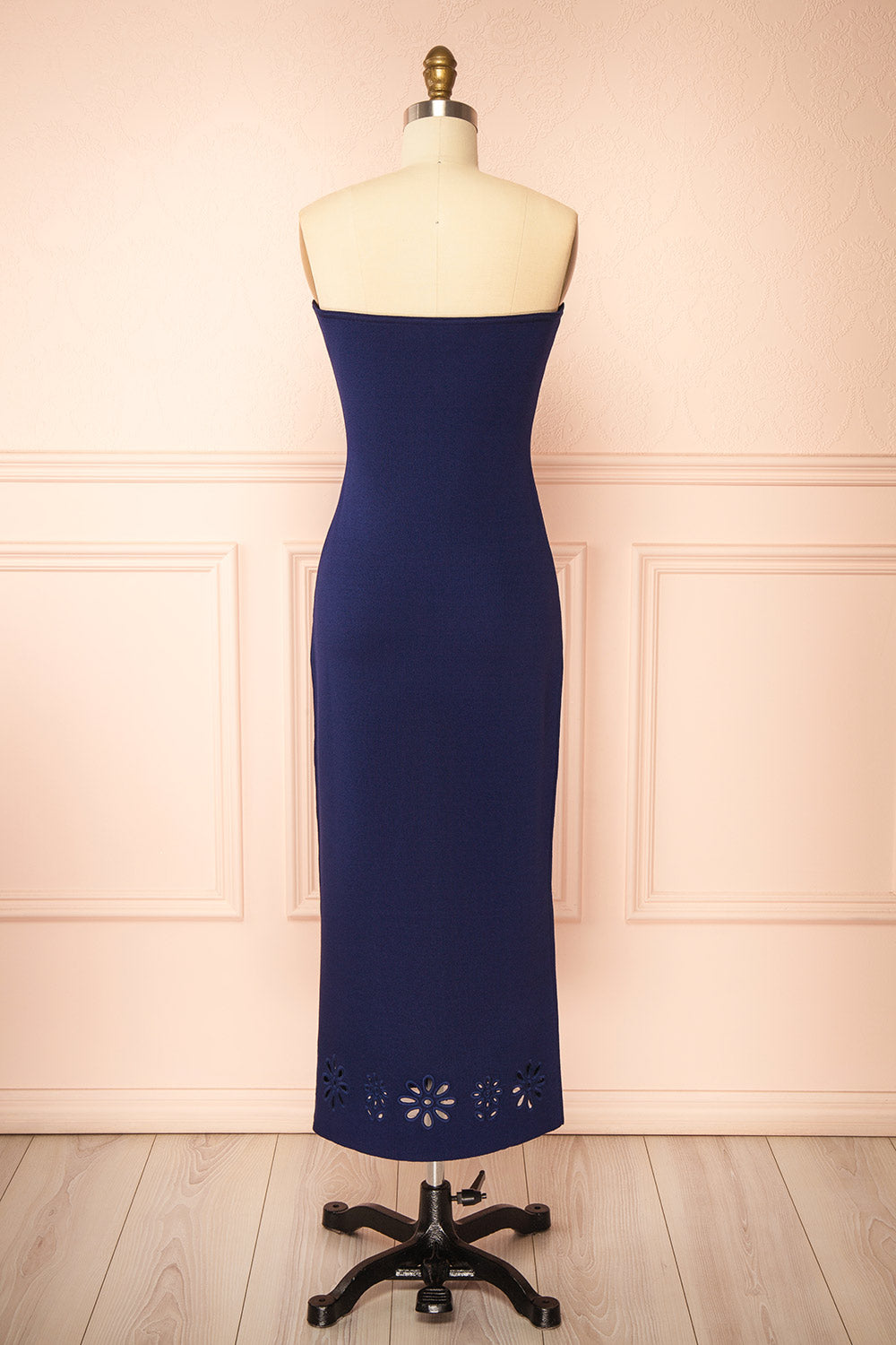 Fable Navy | Strapless Fitted Knit Midi Dress with Floral Eyelets