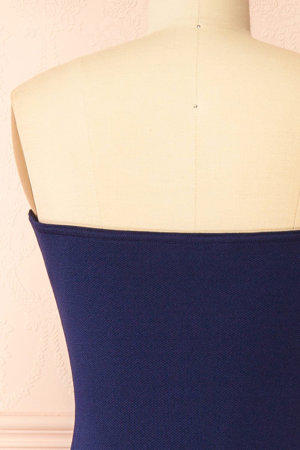 Fable Navy | Strapless Fitted Knit Midi Dress with Floral Eyelets
