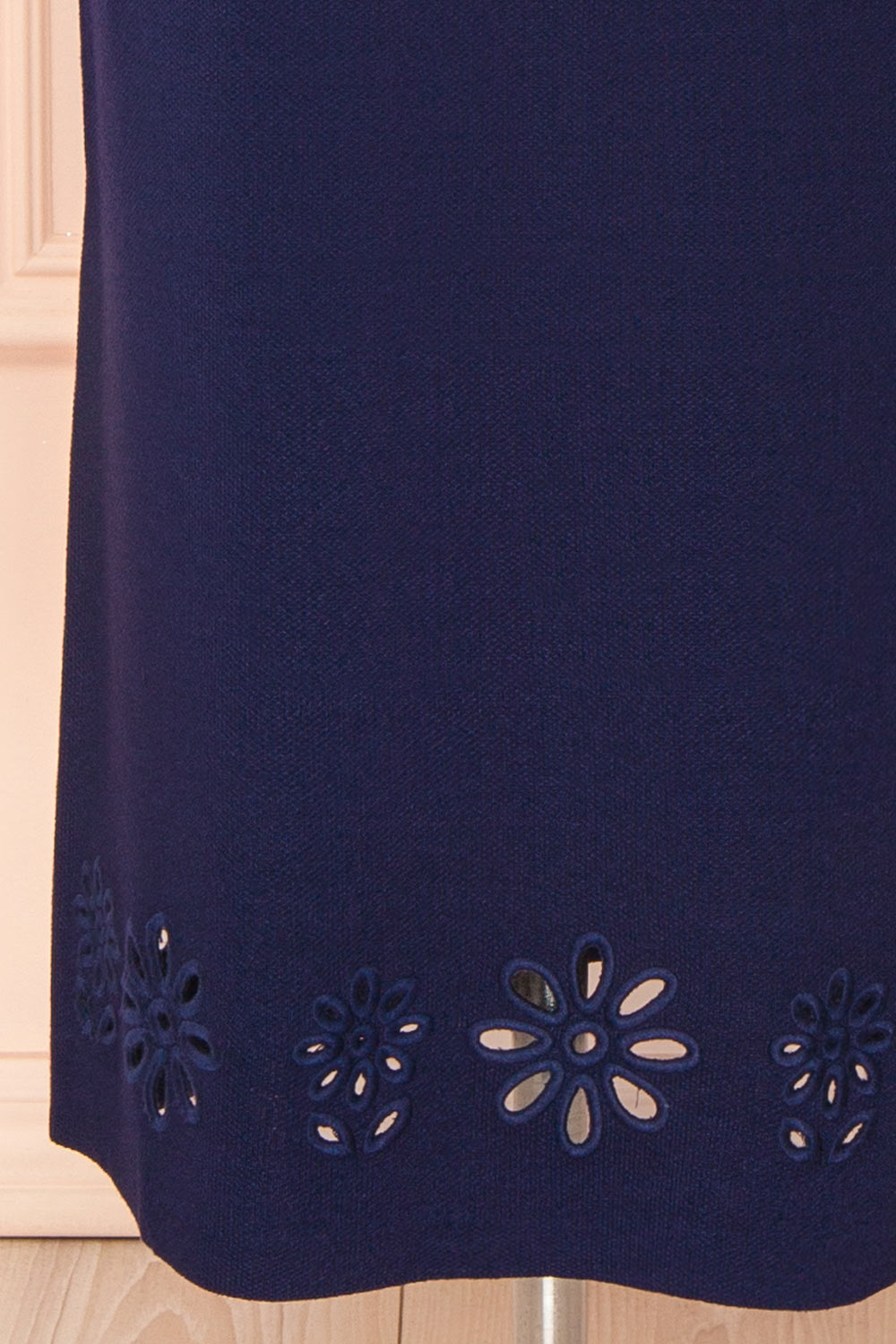Fable Navy | Strapless Fitted Knit Midi Dress with Floral Eyelets