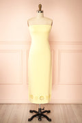 Fable Yellow | Strapless Fitted Knit Midi Dress with Floral Eyelets