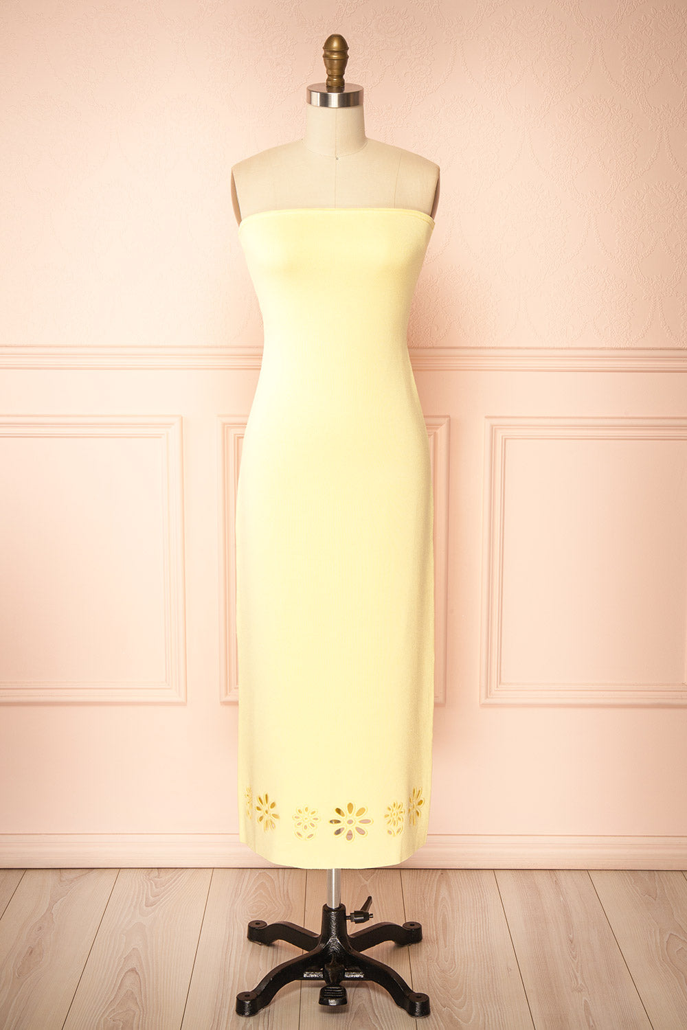 Fable Yellow | Strapless Fitted Knit Midi Dress with Floral Eyelets