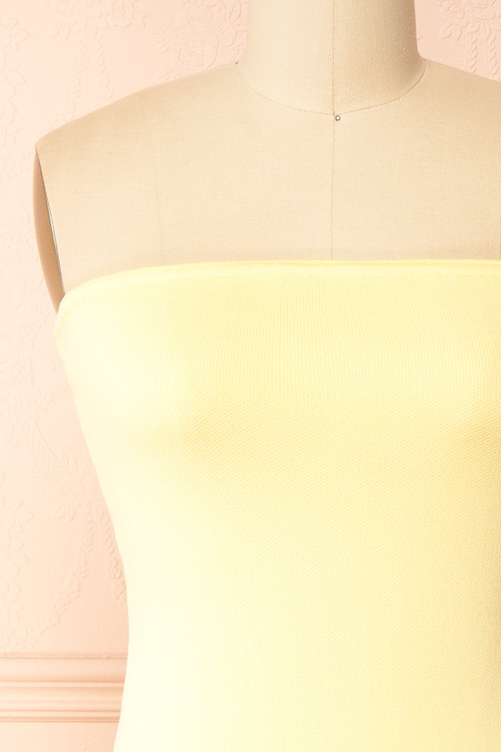 Fable Yellow | Strapless Fitted Knit Midi Dress with Floral Eyelets