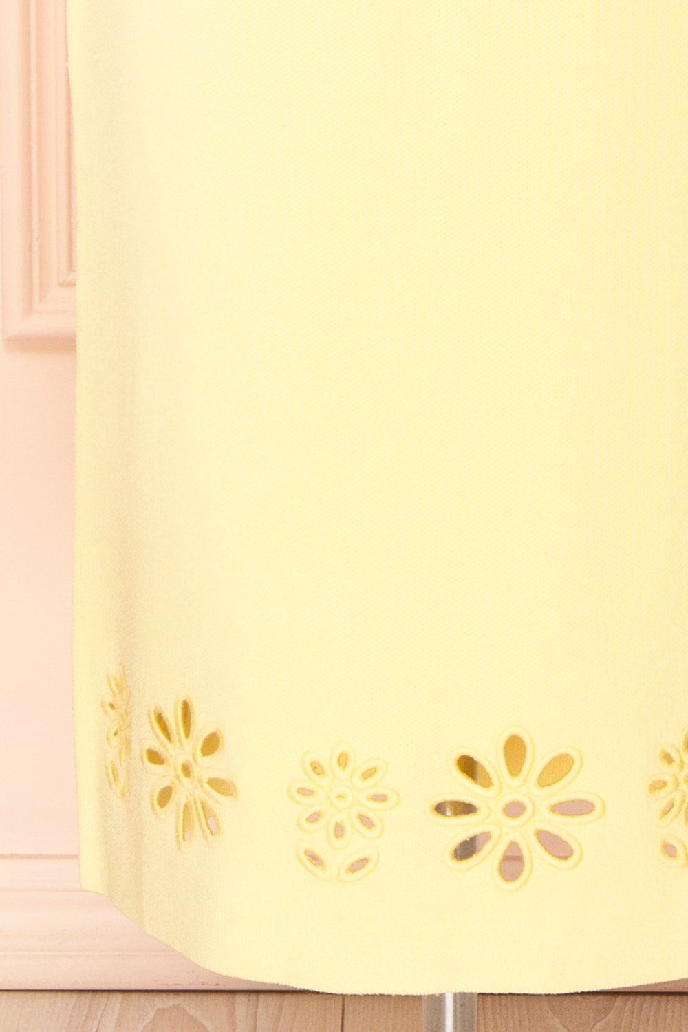 Fable Yellow | Strapless Fitted Knit Midi Dress with Floral Eyelets