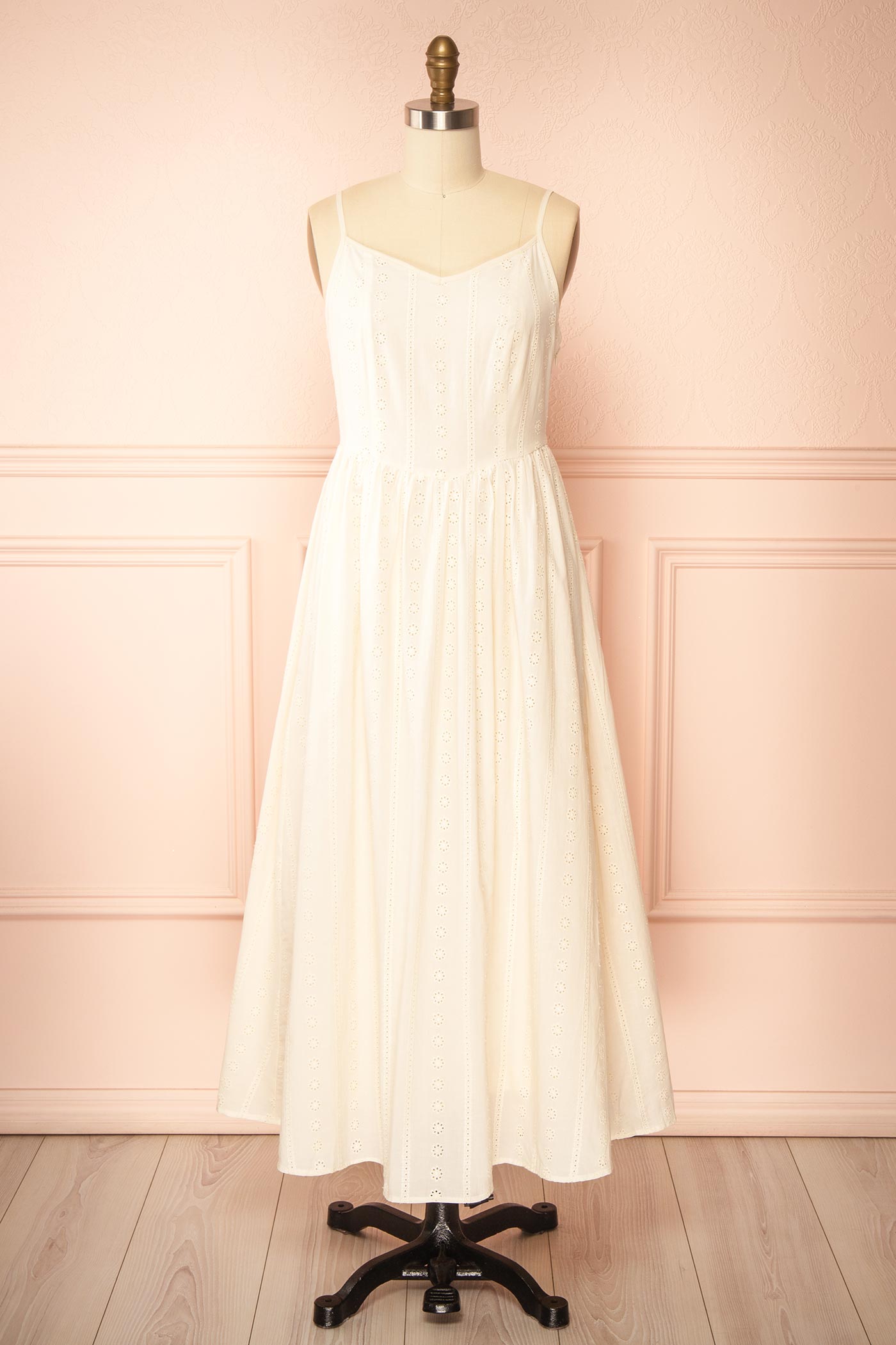 Farmdale Beige | Midi Dress with Floral Eyelets