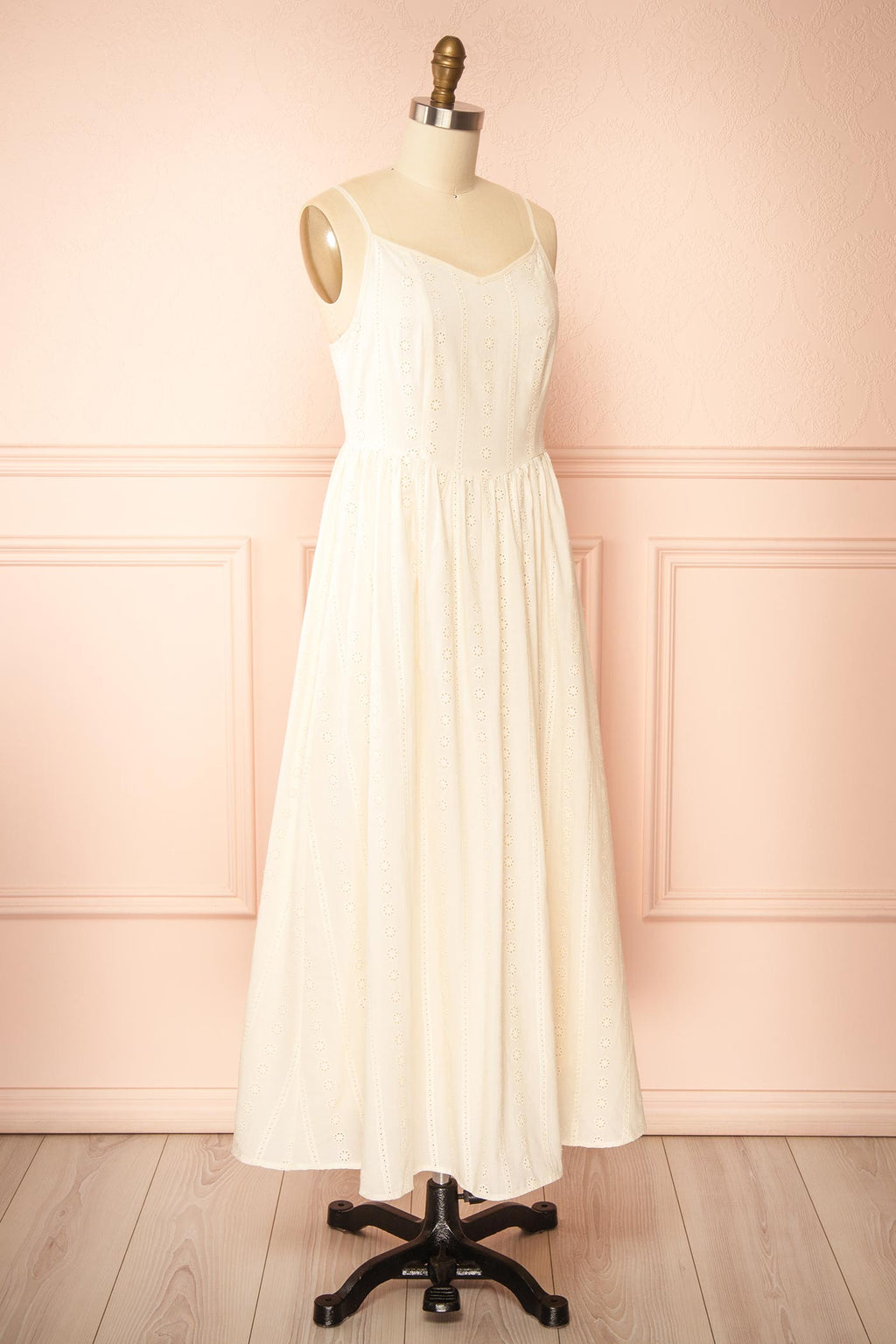 Farmdale Beige | Midi Dress with Floral Eyelets