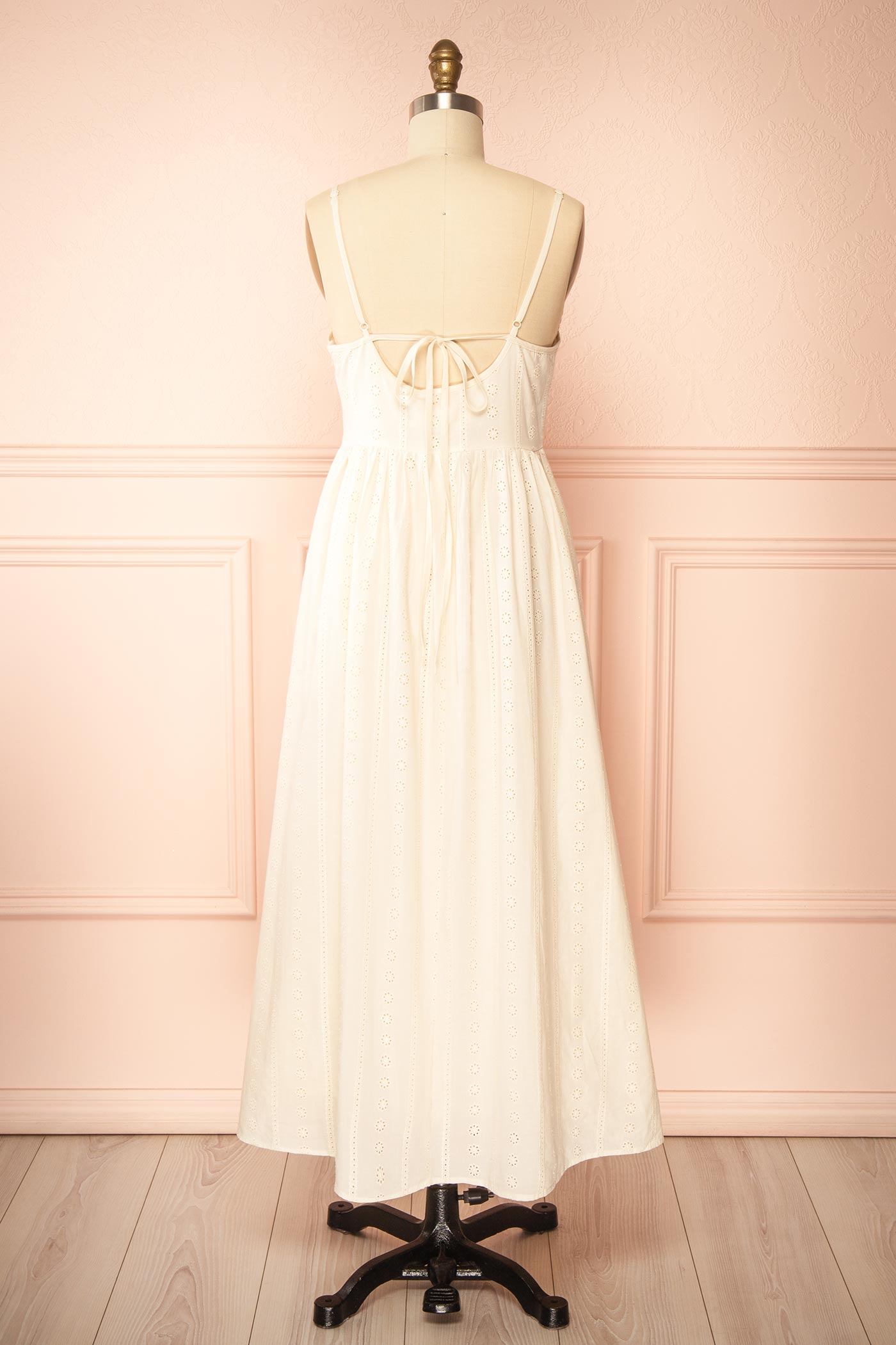 Farmdale Beige | Midi Dress with Floral Eyelets