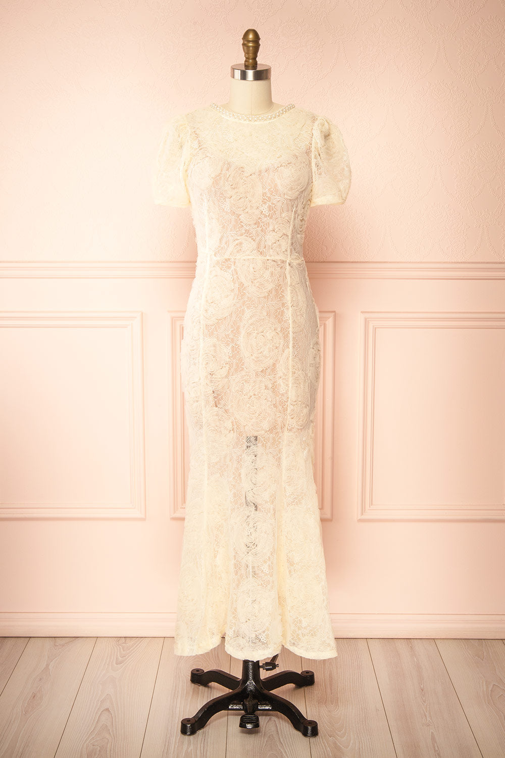 Felicity | Cream Lace Mermaid Midi Dress with Pearls