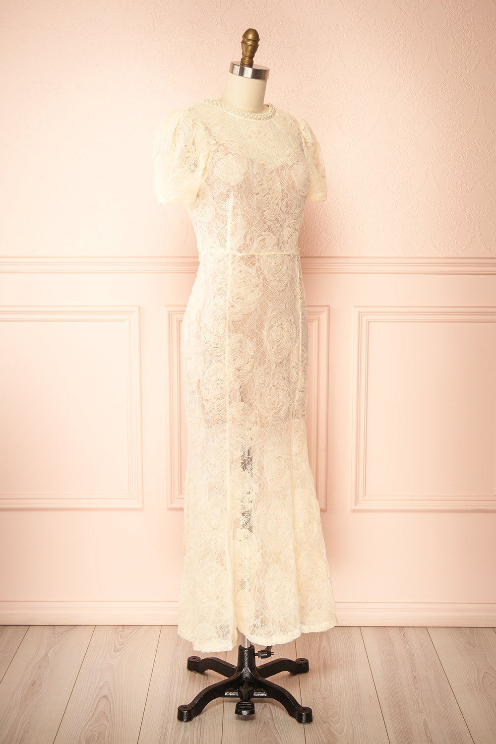Felicity | Cream Lace Mermaid Midi Dress with Pearls