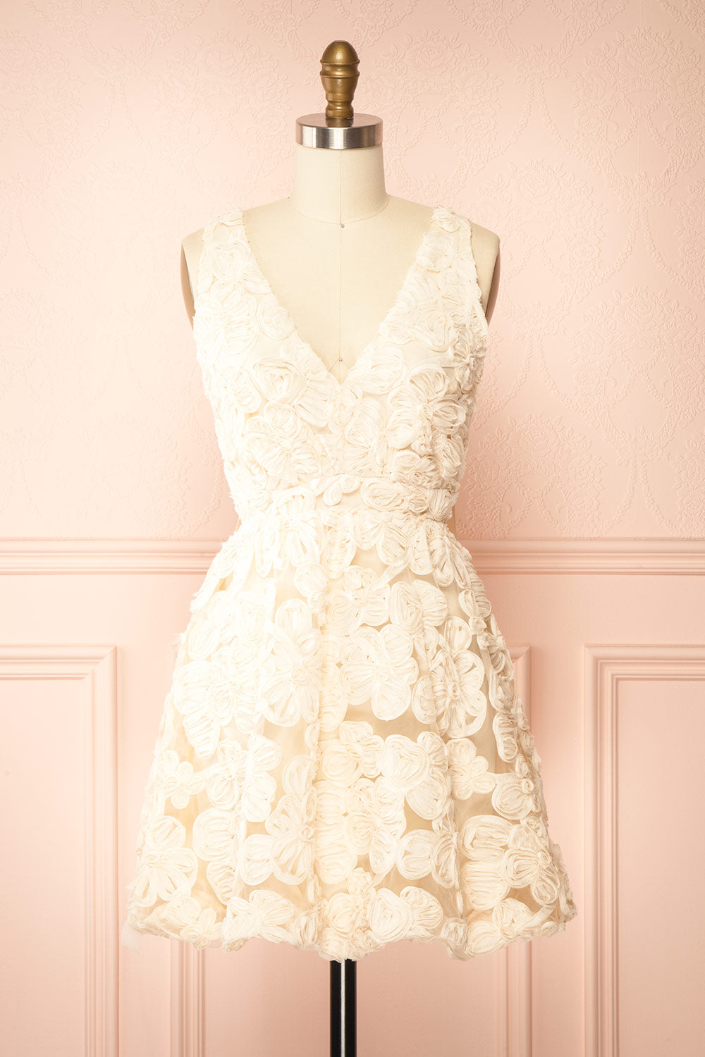 Gamatene | Short Mesh Dress with Chiffon Floral Embroidery