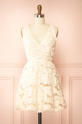 Gamatene | Short Mesh Dress with Chiffon Floral Embroidery