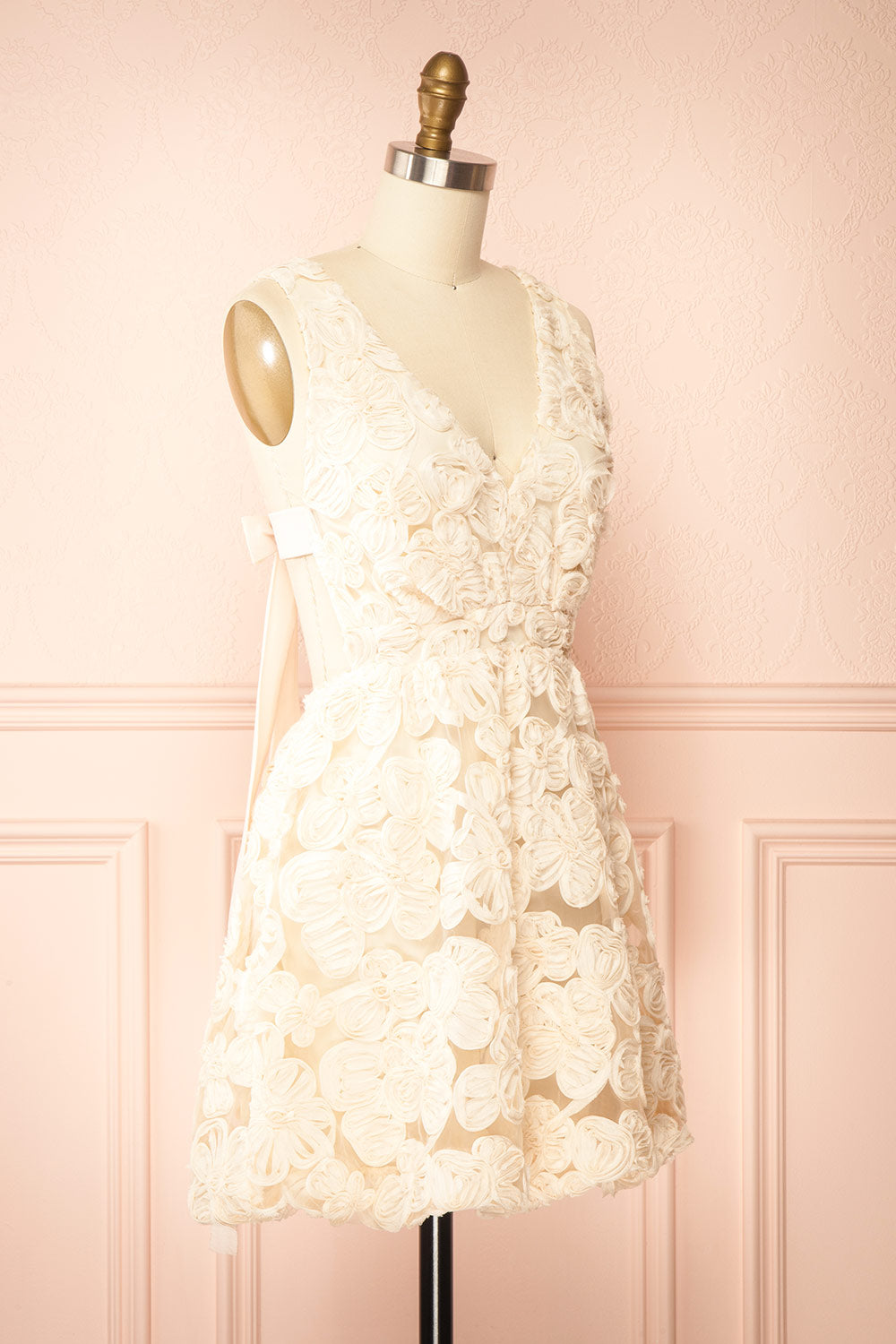 Gamatene | Short Mesh Dress with Chiffon Floral Embroidery