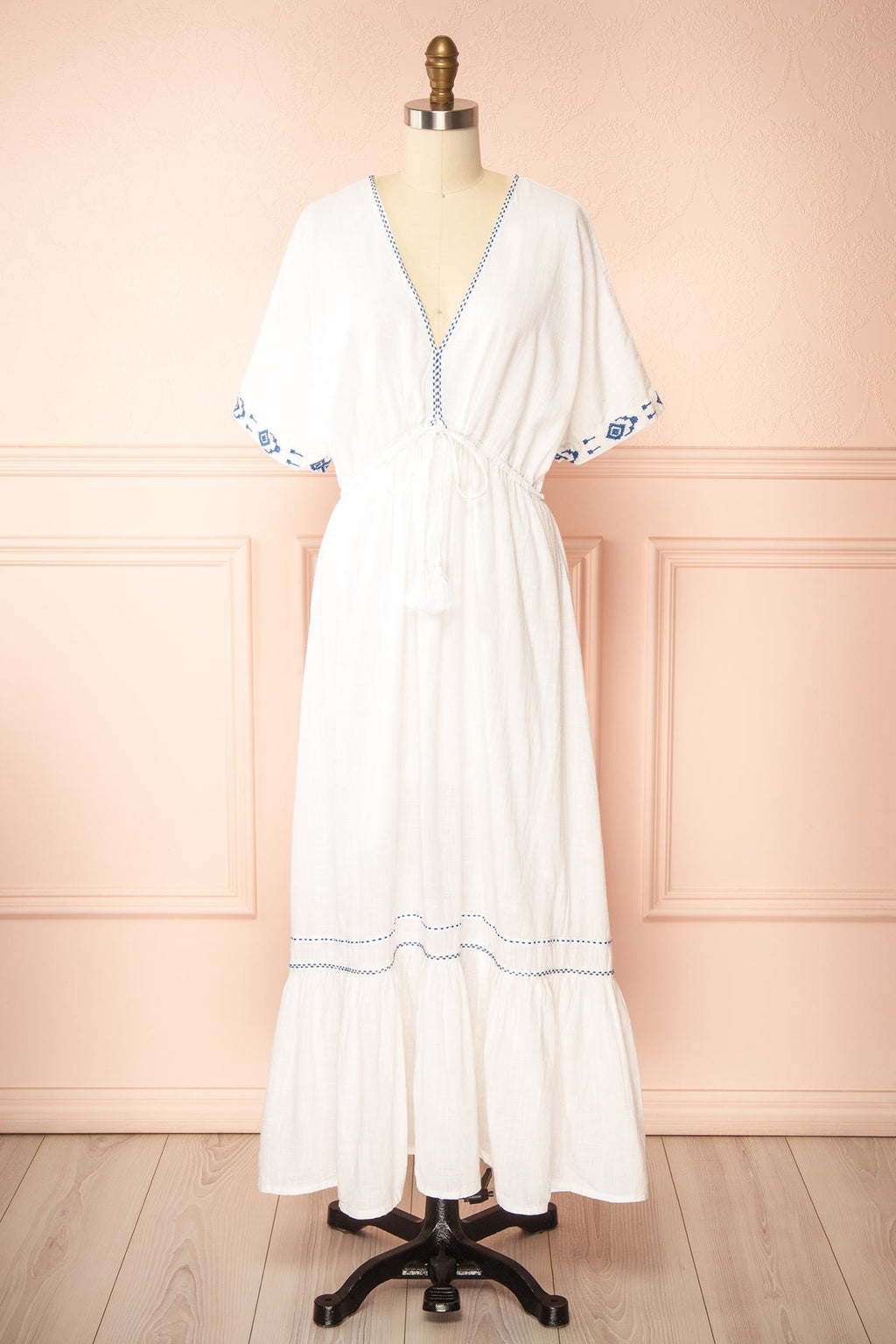 Georgette | Embroidered White V-Neck Maxi Dress with Tassel Tie